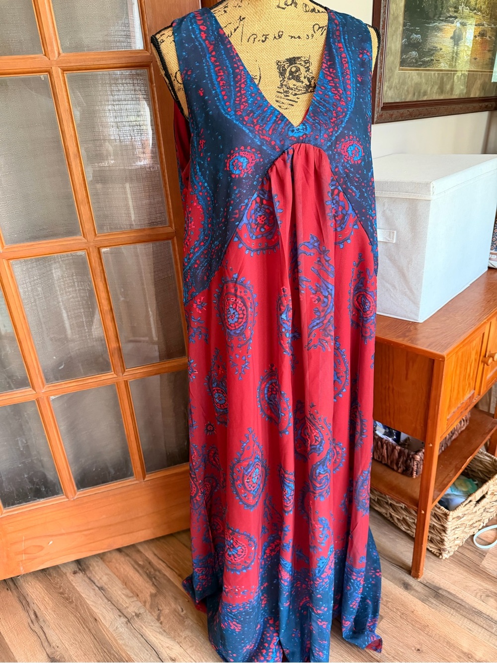 Sleeveless Paisley Maxi Dress in Red & Blue